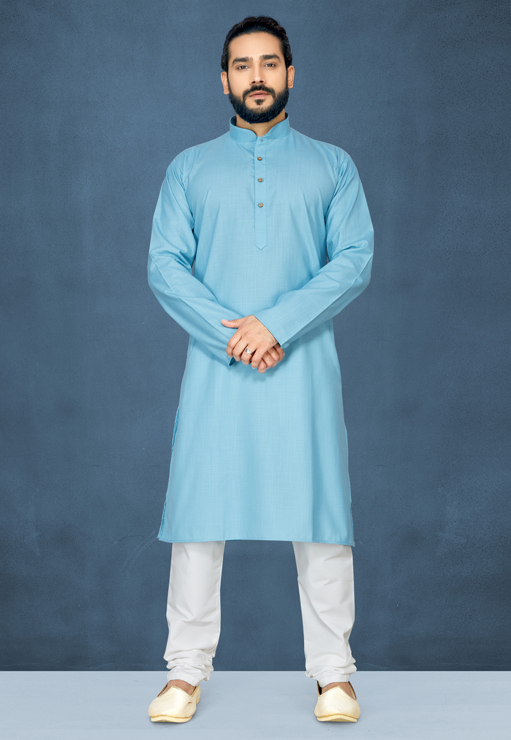 Light Blue Cotton Readymade Kurta Pajama 185419