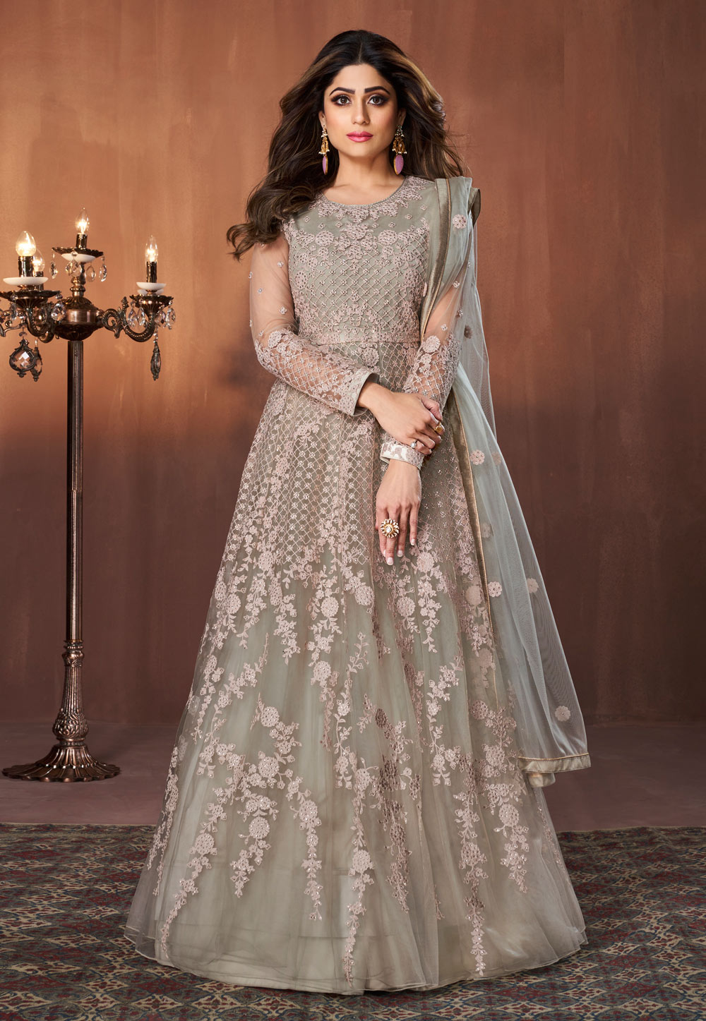Shamita Shetty Grey Net Abaya Style Anarkali Suit 243052