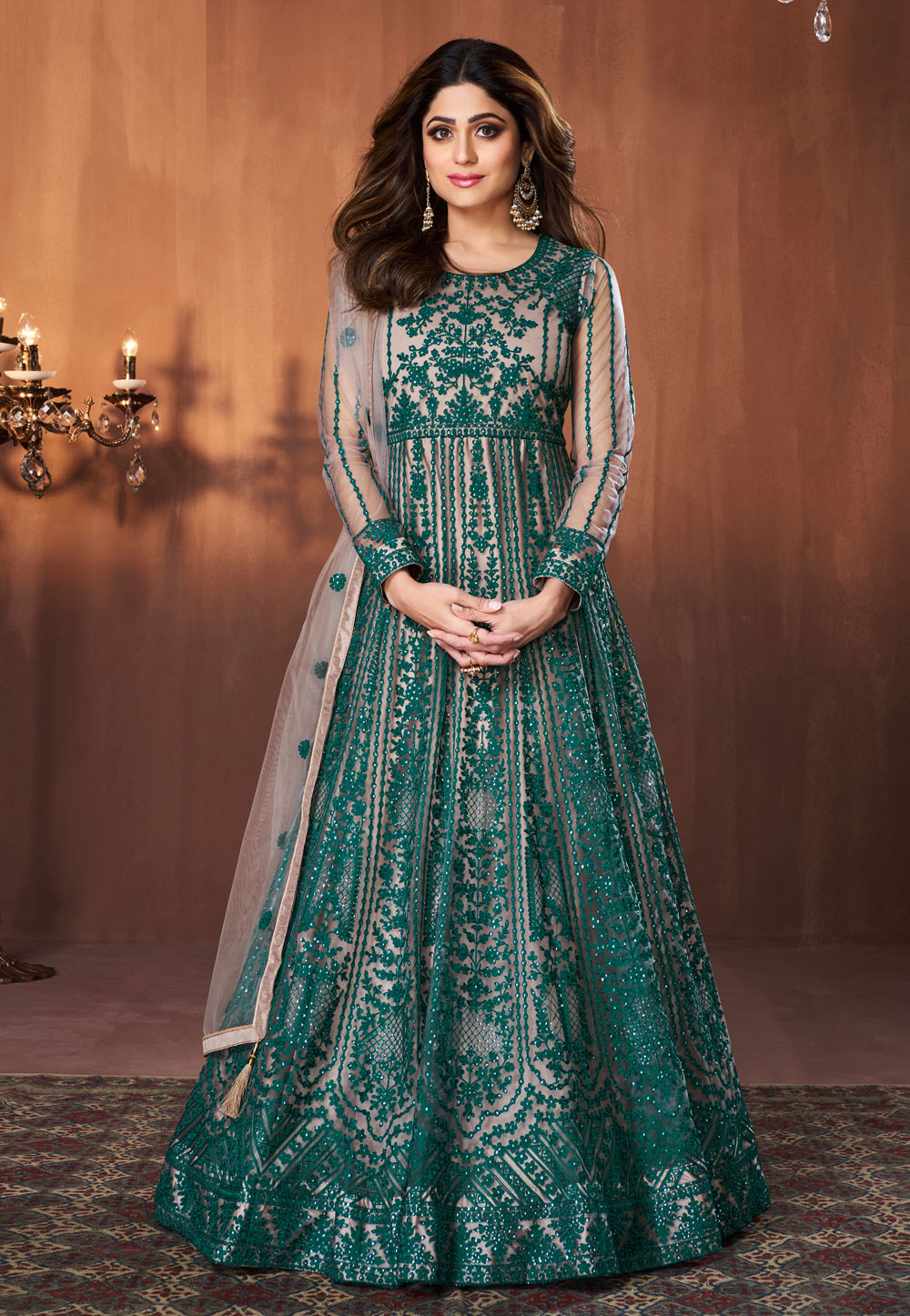 Shamita Shetty Green Net Long Anarkali Suit 243053
