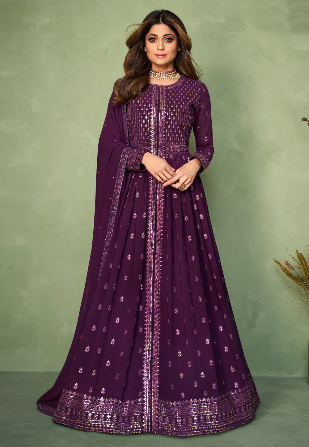 Shamita Shetty Purple Georgette Embroidered Center Slit Anarkali Suit 243470
