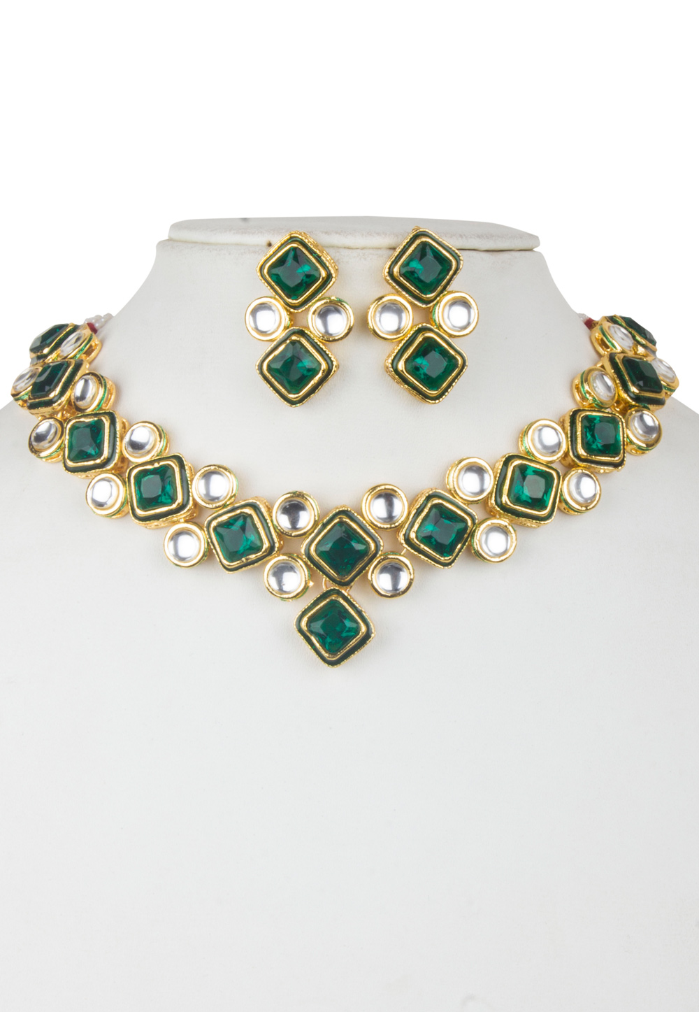 Green Alloy Kundan Necklace With Earrings 156253