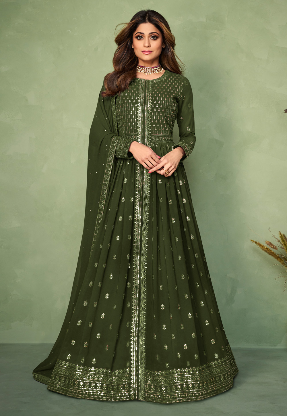 Shamita Shetty Camo Green Georgette Abaya Style Anarkali Suit 243471