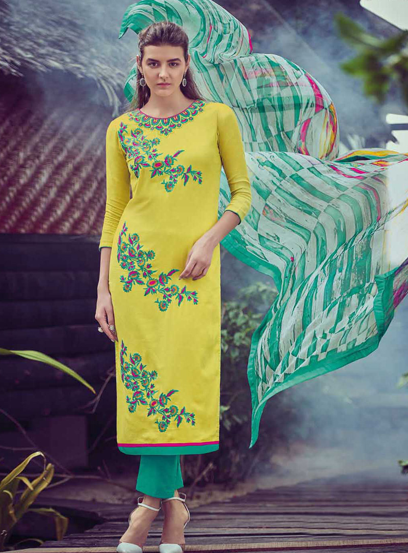 Yellow Cotton Straight Cut Suit 94518