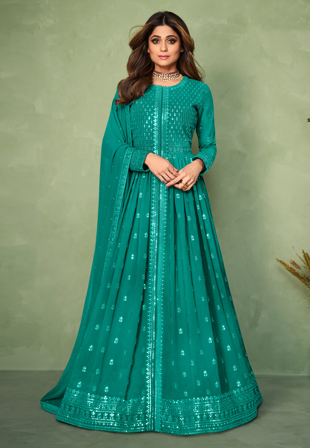 Shamita Shetty Aqua Georgette Embroidered Center Slit Anarkali Suit 243472