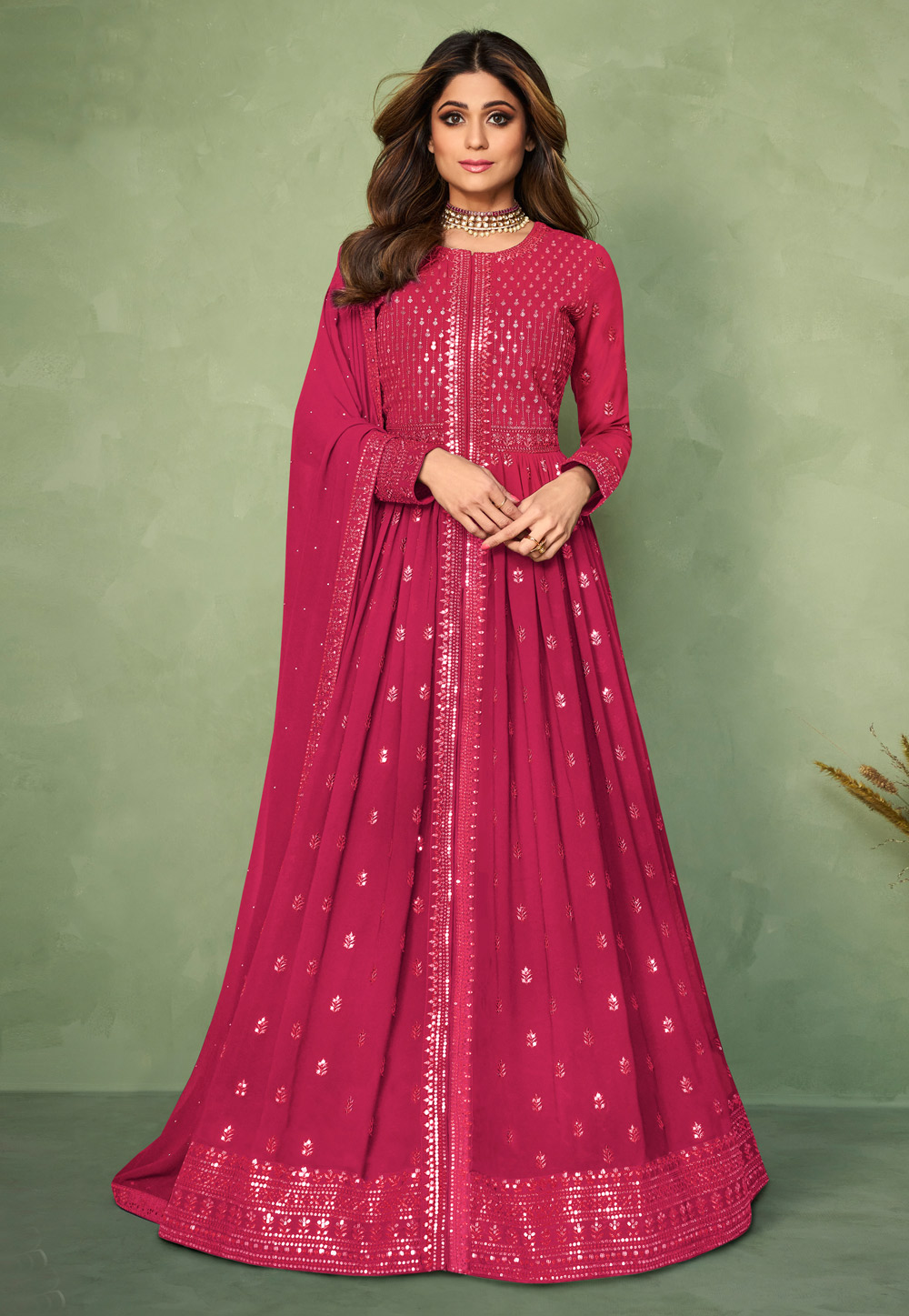 Shamita Shetty Magenta Georgette Abaya Style Anarkali Suit 243473