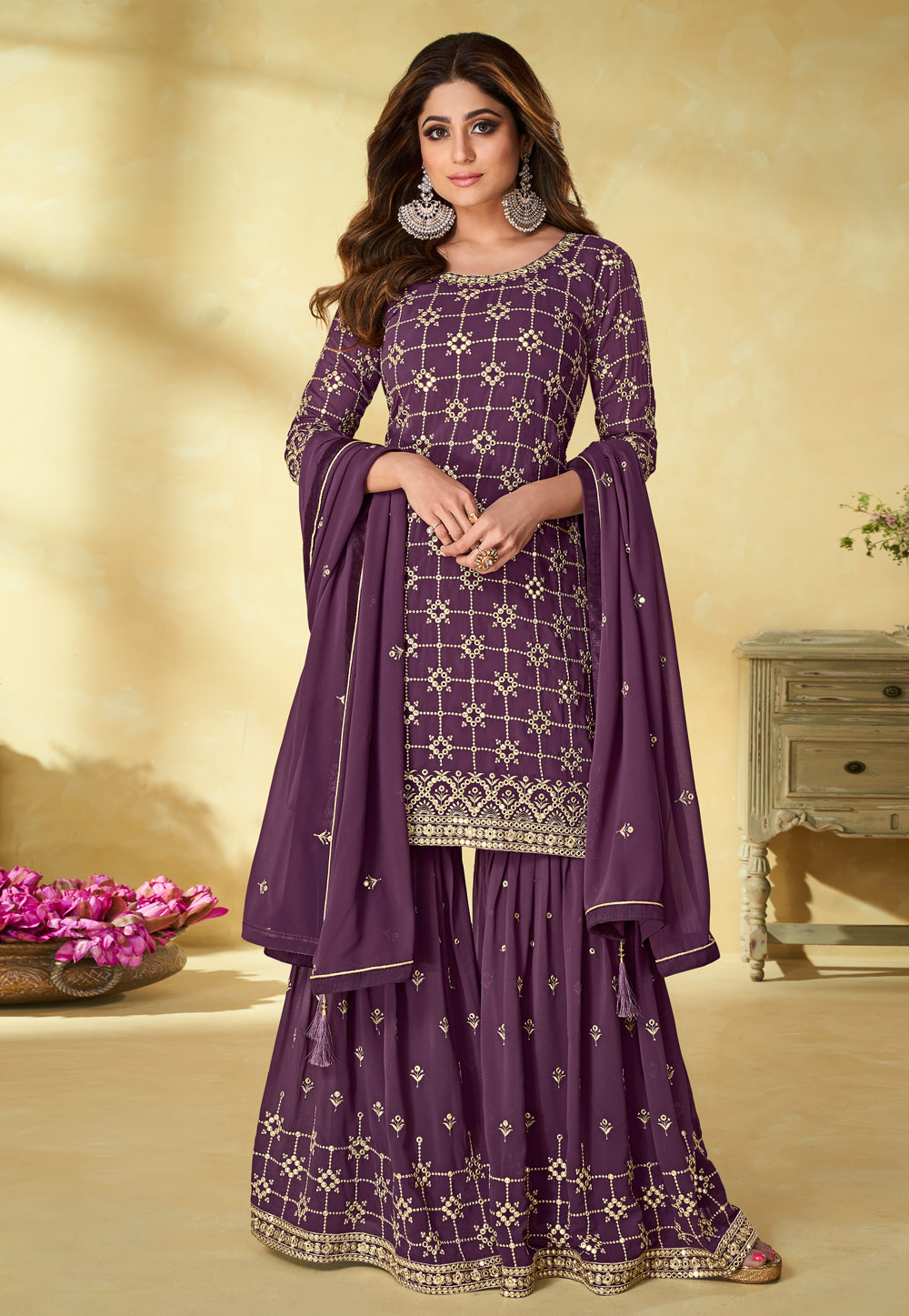 Shamita Shetty Purple Georgette Sharara Suit 247651