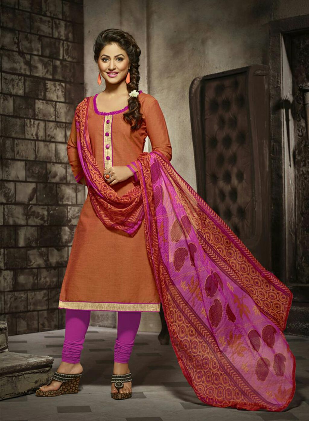 Hina Khan Orange Cotton Churidar Suit 63972