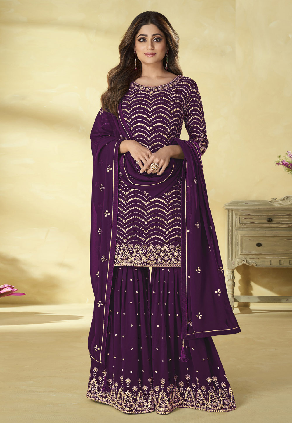 Shamita Shetty Purple Faux Georgette Sharara Suit 249112