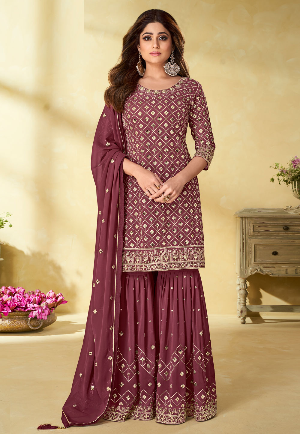 Shamita Shetty Pink Georgette Sharara Suit 247653