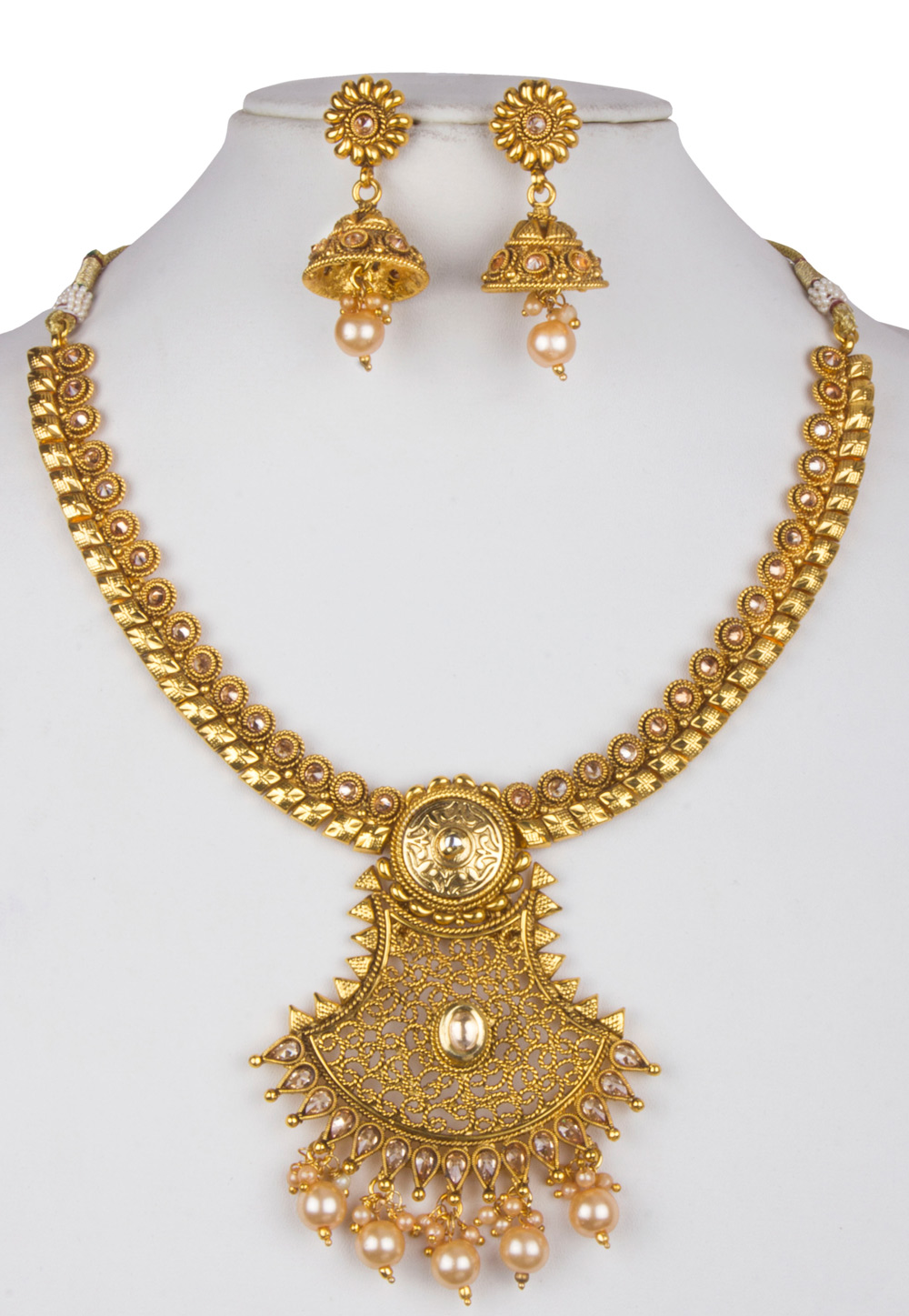 Golden Alloy Necklace With Earrings 157133