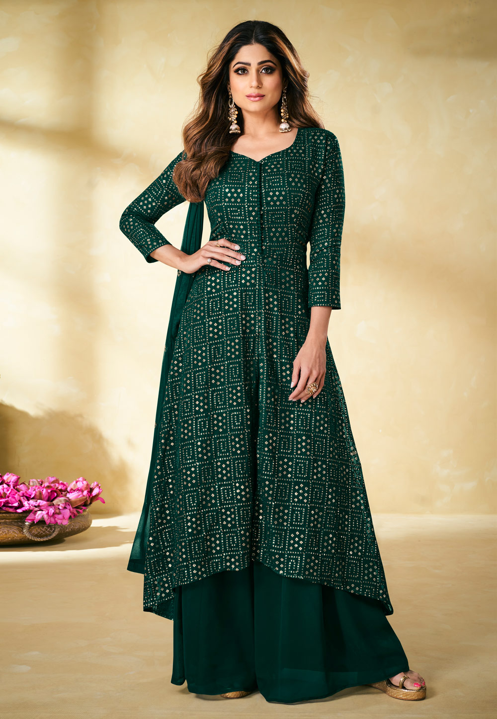 Shamita Shetty Green Sequins Work Palazzo Suit 243207