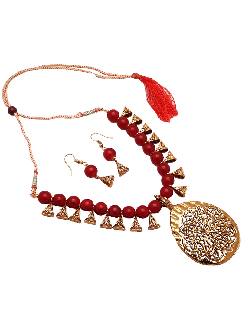 Maroon Alloy Austrian Diamond Necklace With Earrings 148736