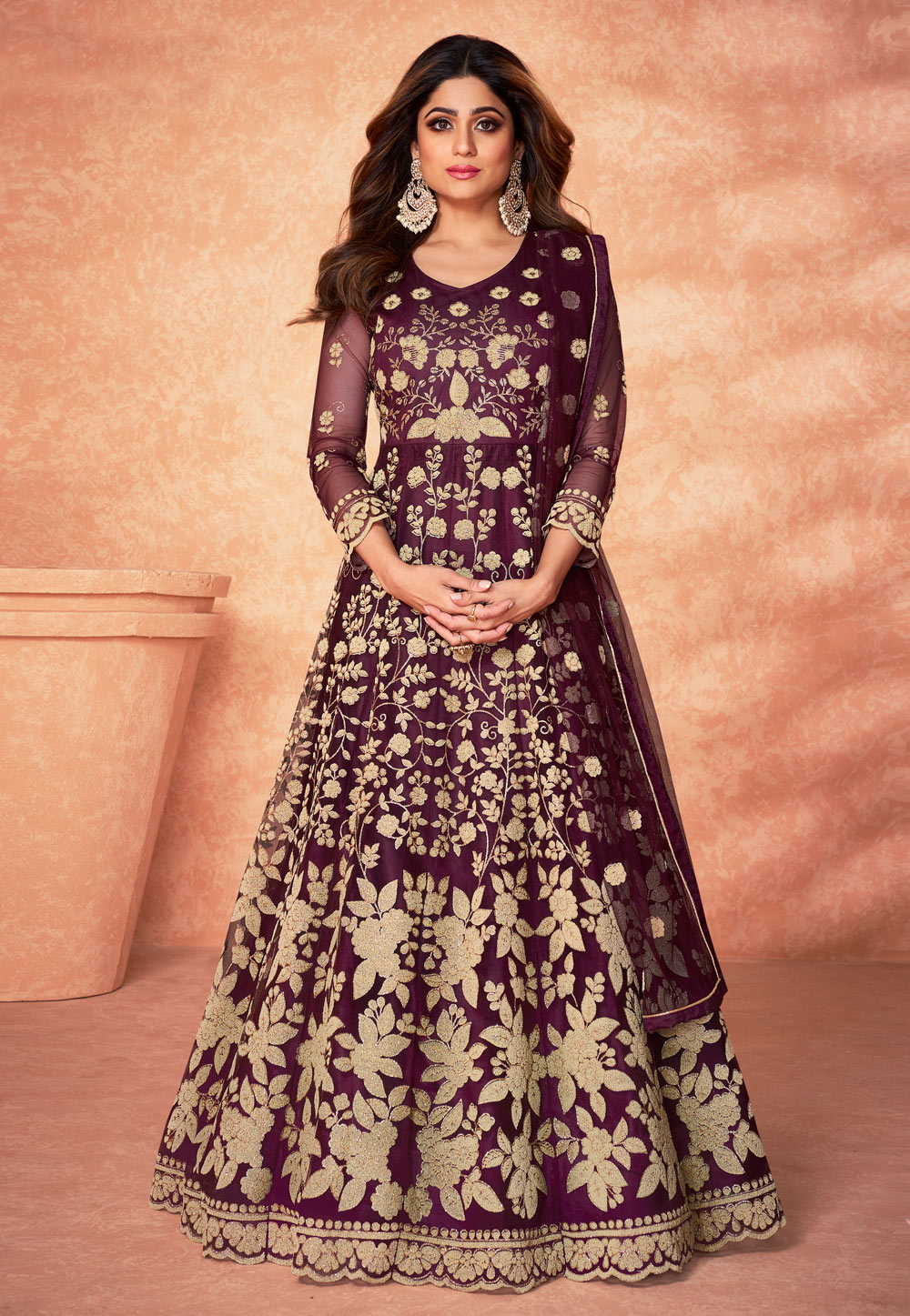 Shamita Shetty Wine Net Abaya Style Anarkali Suit 245428