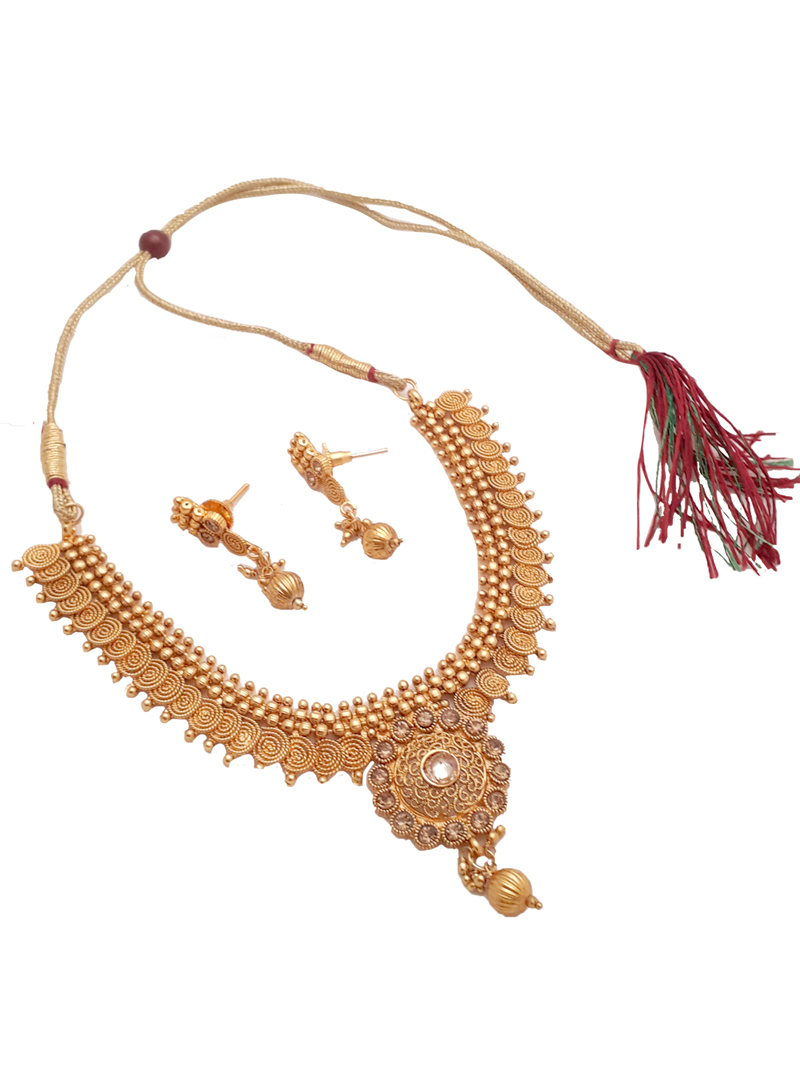 Golden Alloy Necklace With Earrings 148737