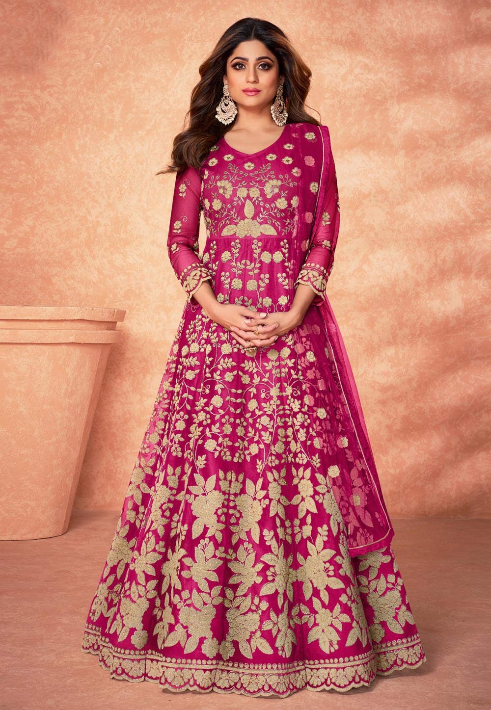 Shamita Shetty Magenta Net Abaya Style Anarkali Suit 245430