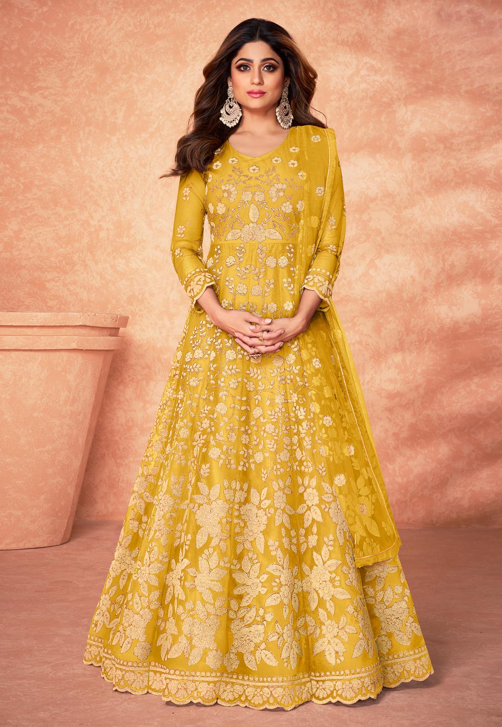 Shamita Shetty Yellow Net Long Anarkali Suit 245431