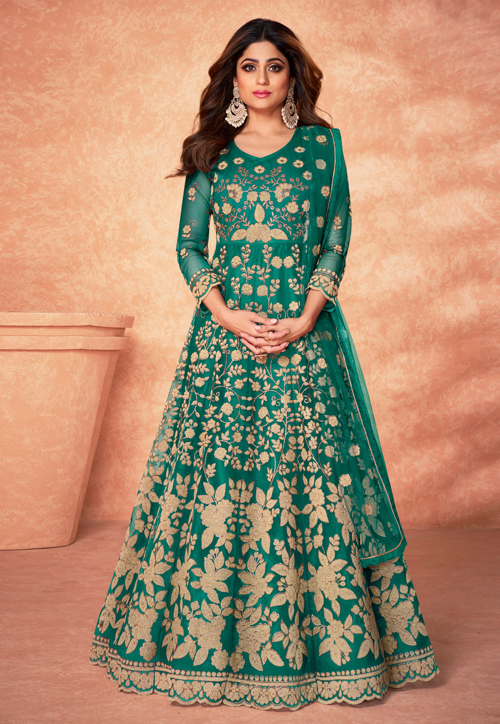 Shamita Shetty Green Net Abaya Style Anarkali Suit 245432