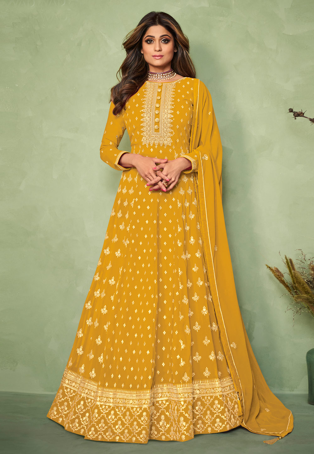 Shamita Shetty Mustard Georgette Abaya Style Anarkali Suit 243306