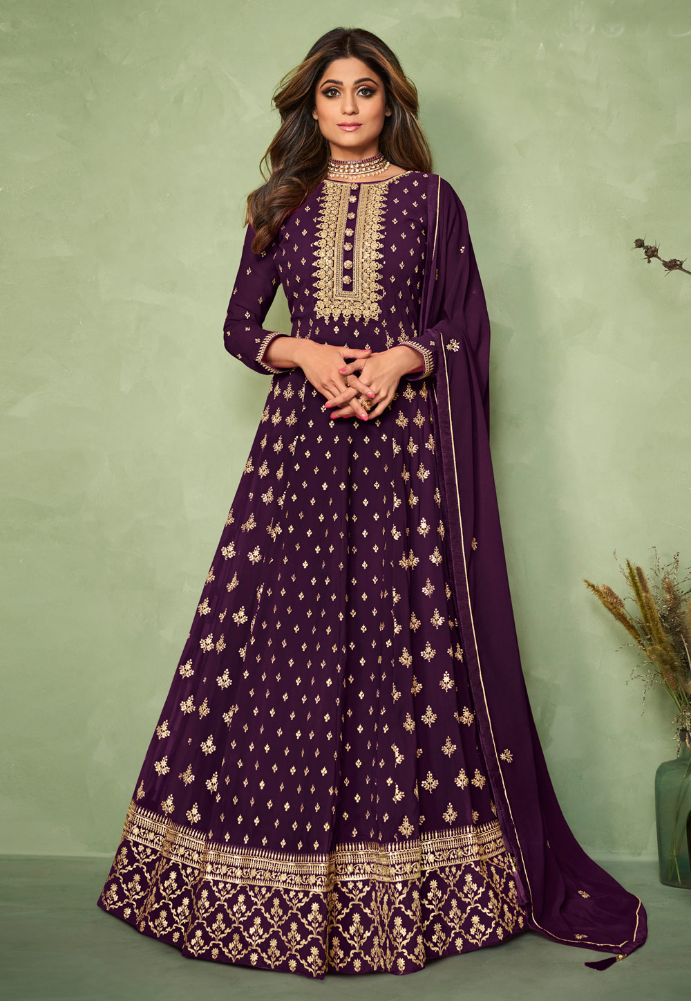Shamita Shetty Purple Georgette Long Anarkali Suit 243307