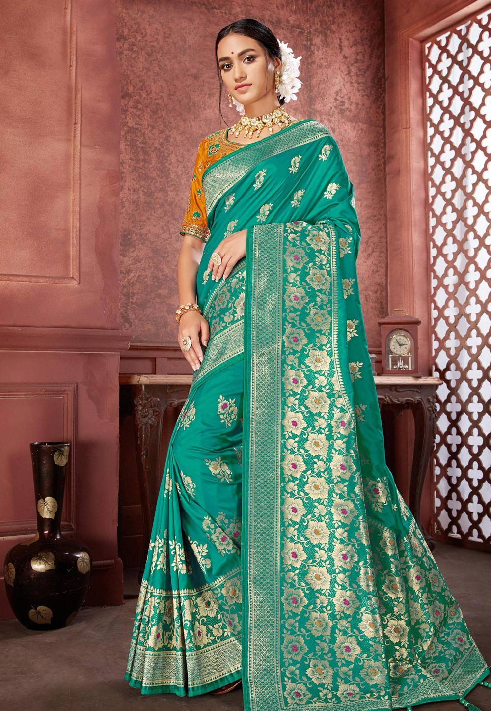 Teal Green Banarasi Silk Festival Wear Saree 198605