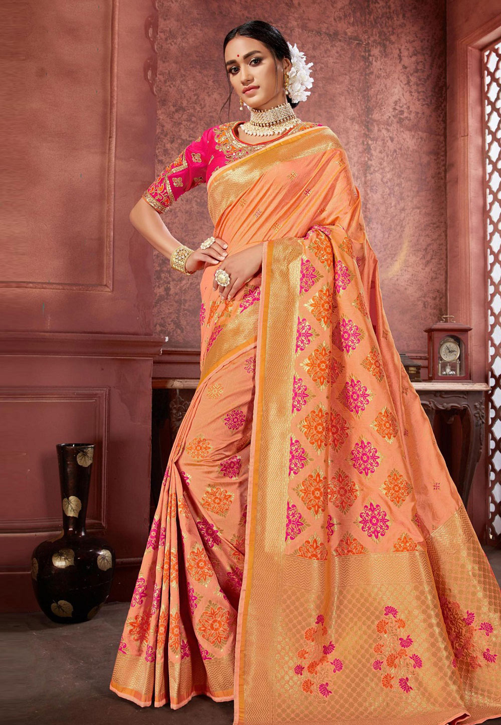 Peach Banarasi Silk Festival Wear Saree 198607