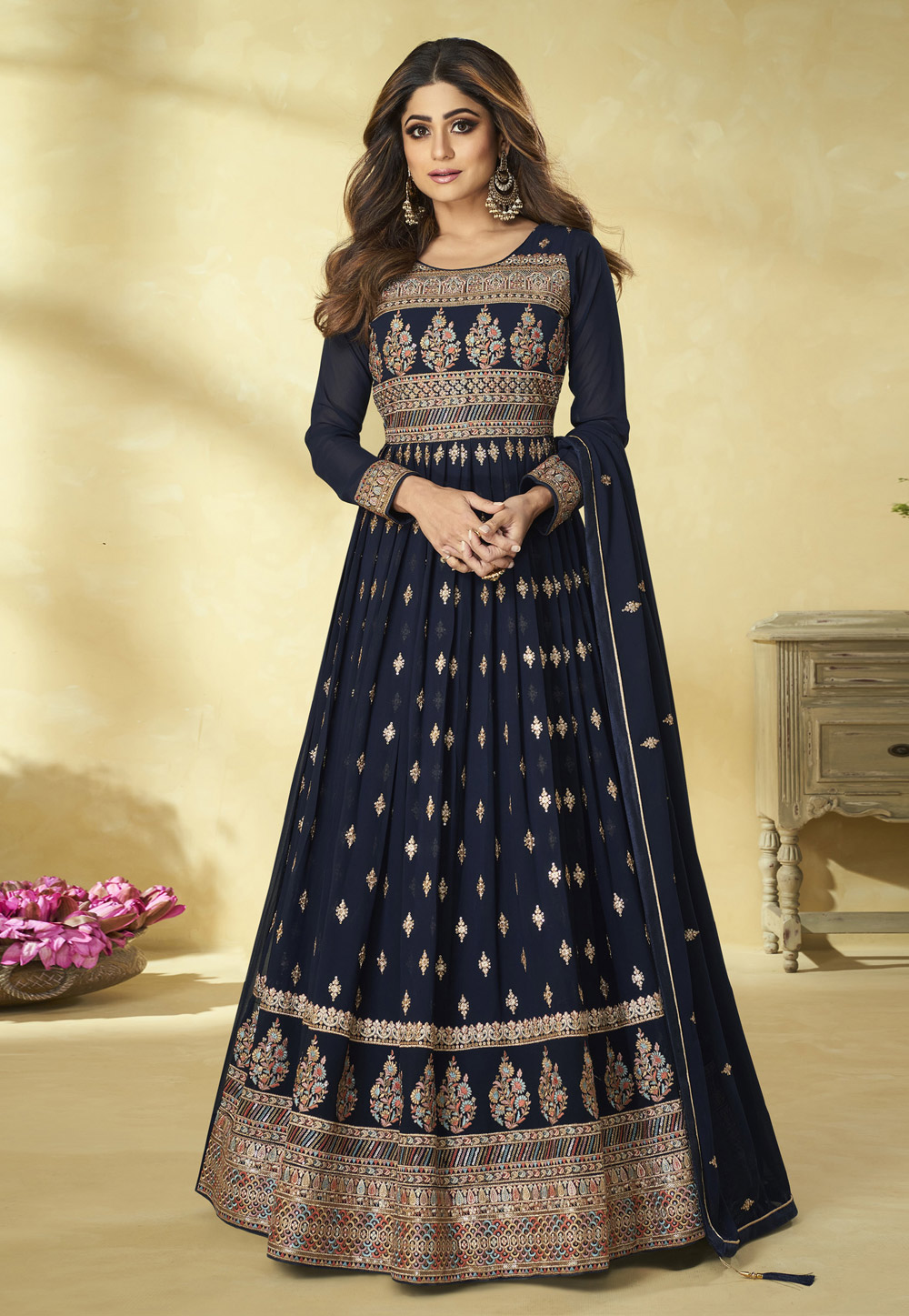 Shamita Shetty Navy Blue Georgette Long Anarkali Suit 247659