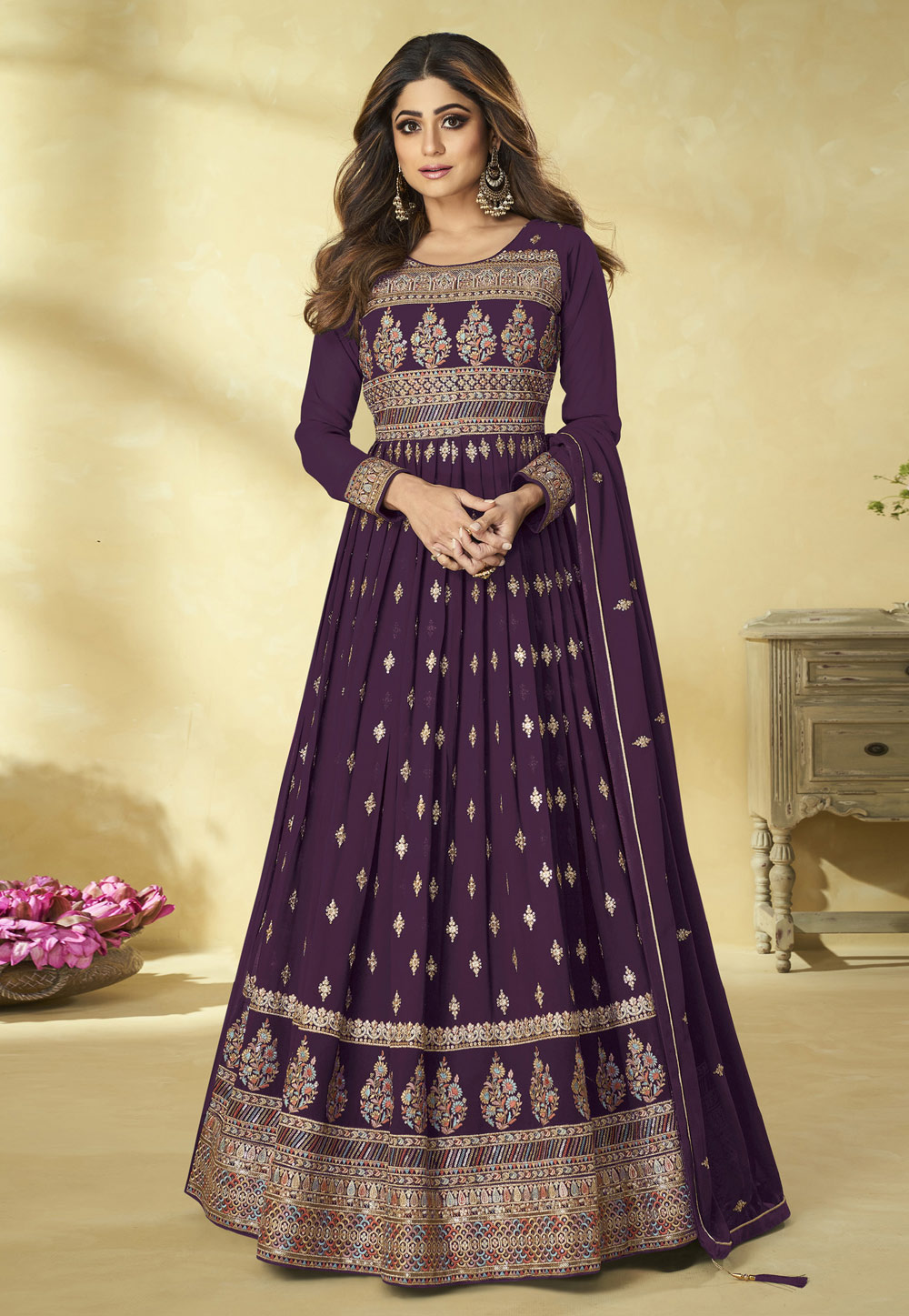 Shamita Shetty Purple Georgette Abaya Style Anarkali Suit 247660