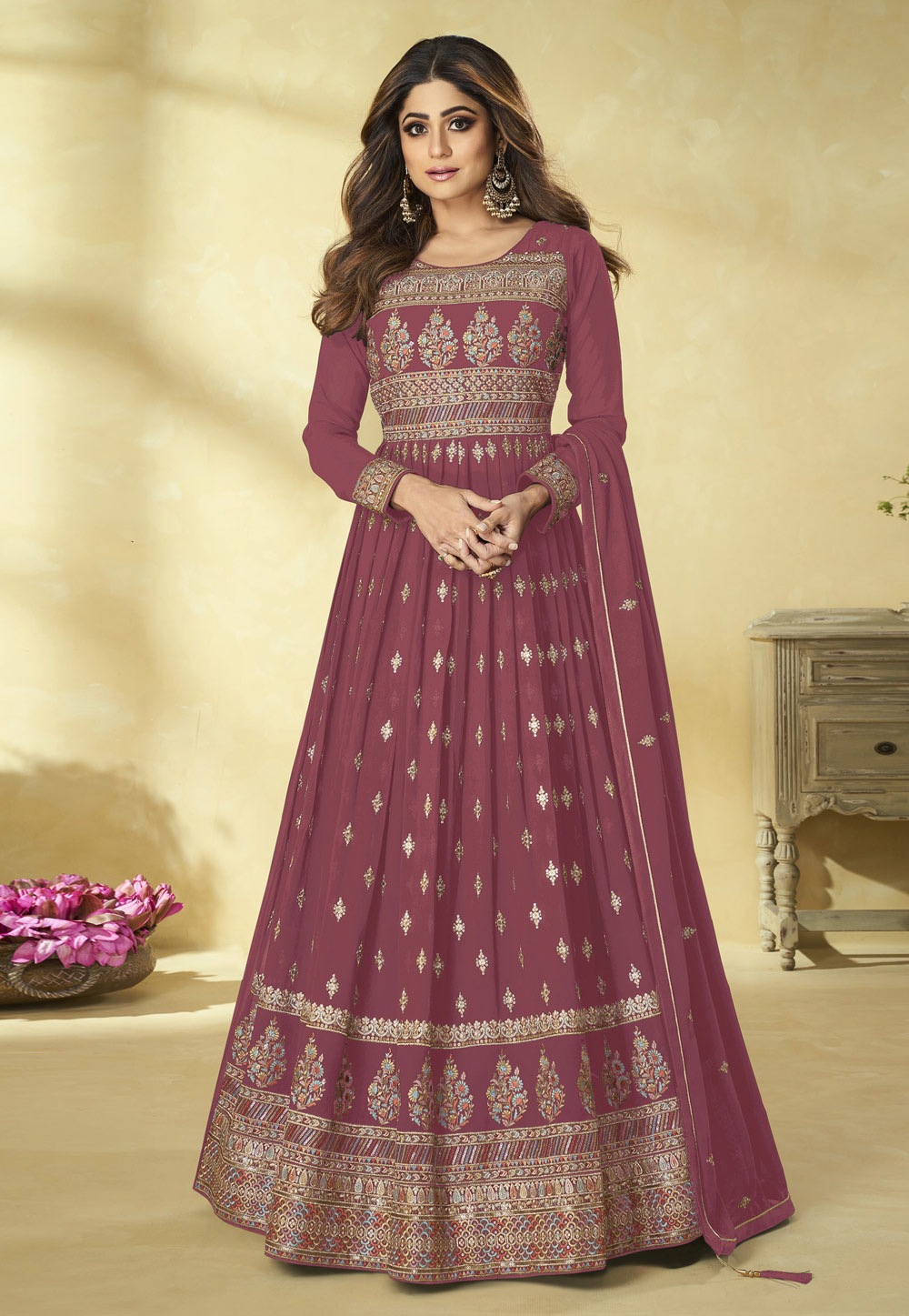 Shamita Shetty Pink Georgette Abaya Style Anarkali Suit 247662
