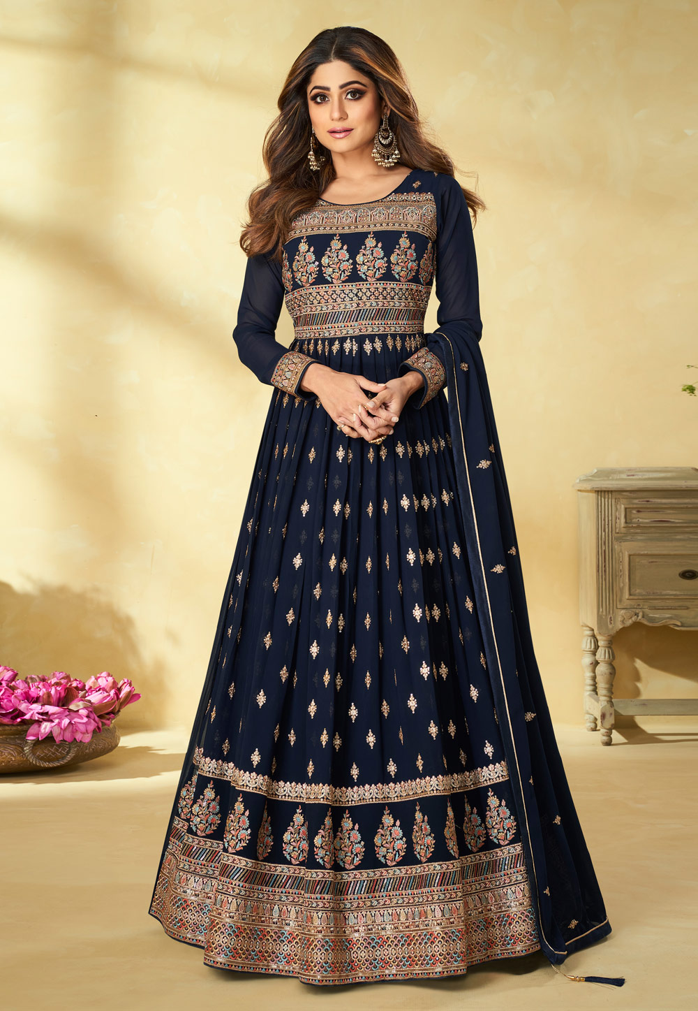 Shamita Shetty Navy Blue Georgette Abaya Style Anarkali Suit 244449