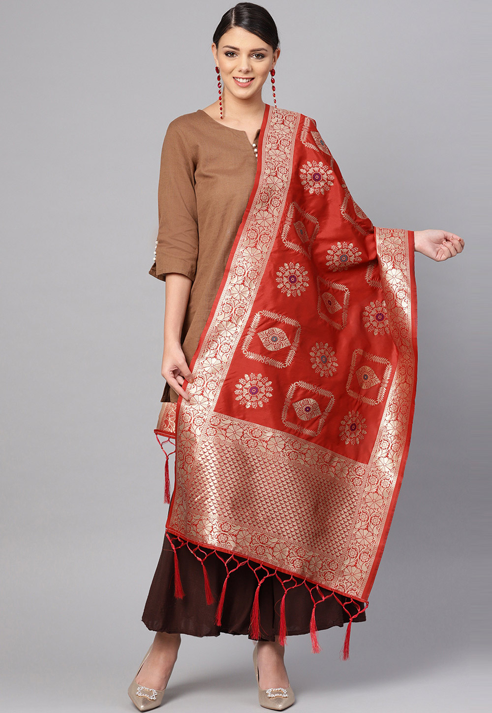 Red Banarasi Silk Dupatta 198756
