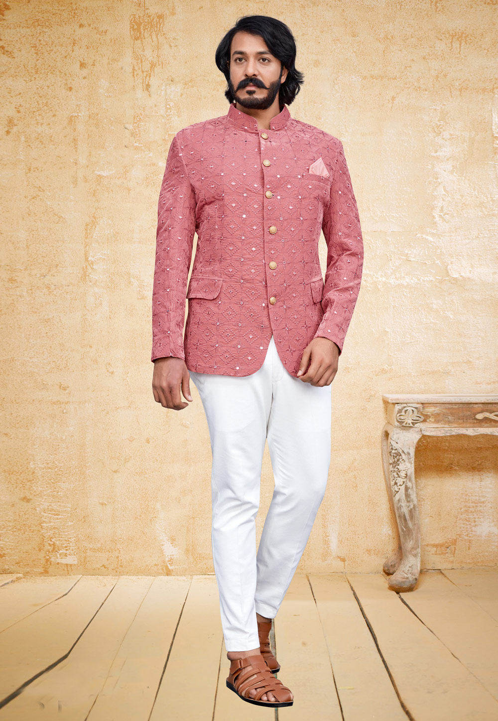 Pink Velvet Jodhpuri Suit 249325