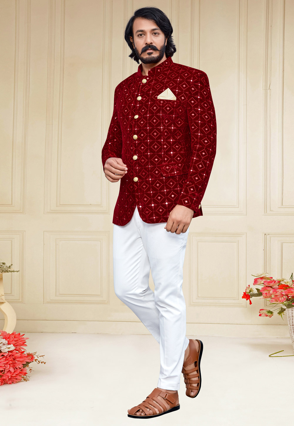 Maroon Velvet Jodhpuri Suit 249327