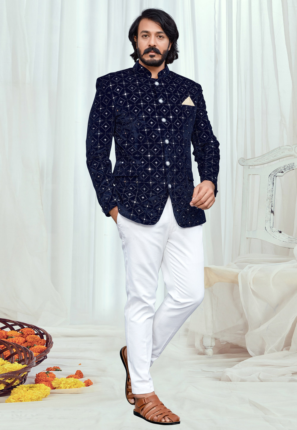 Navy Blue Velvet Jodhpuri Suit 249328