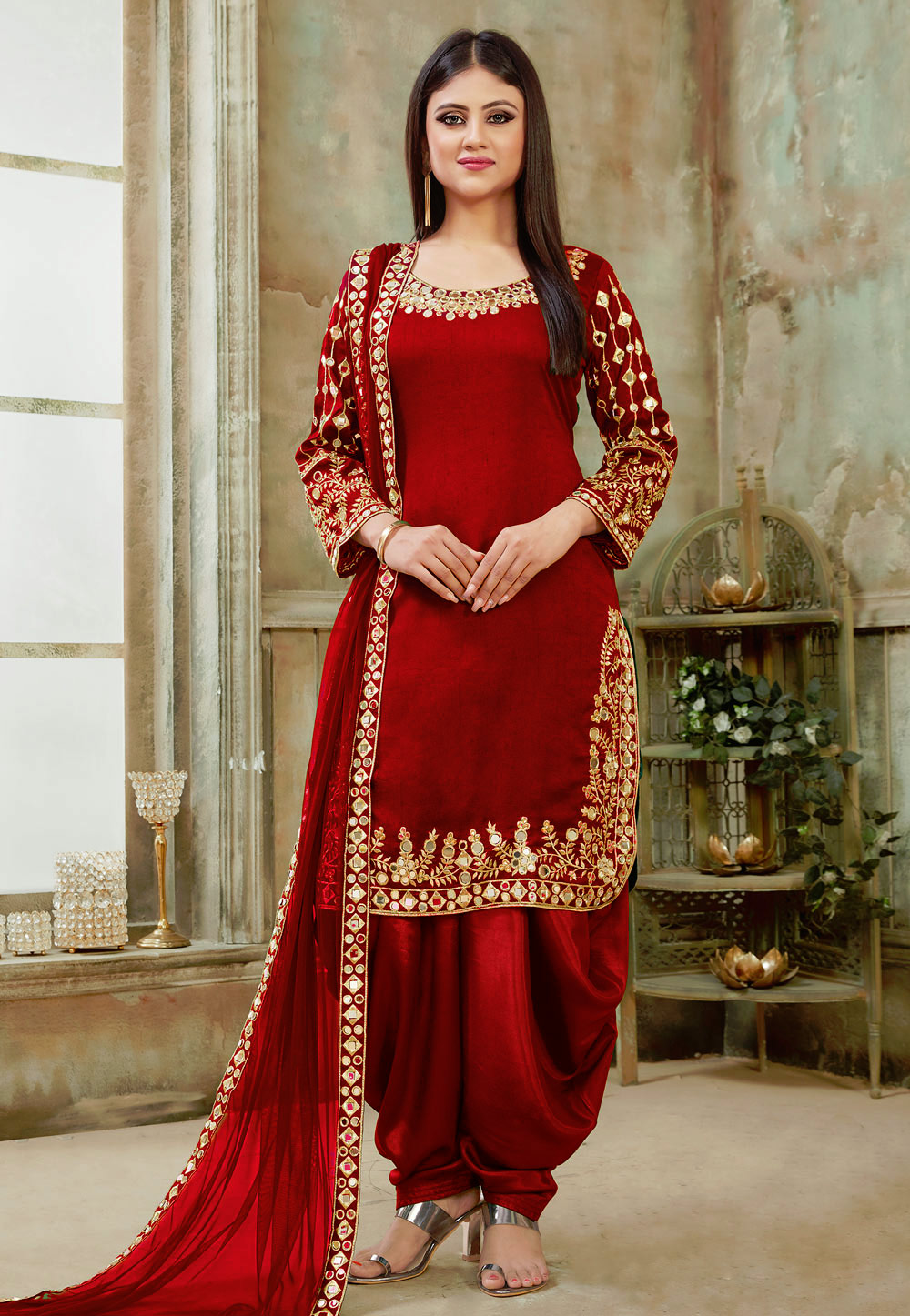 Red Art Silk Patiala Suit 183435