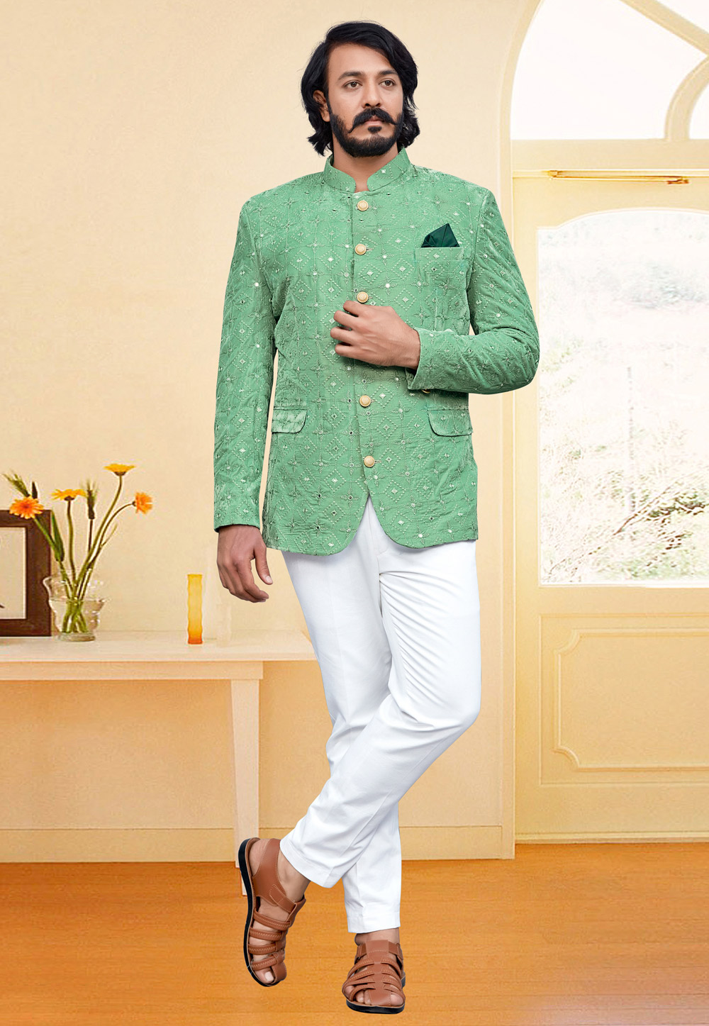 Pista Green Velvet Jodhpuri Suit 249329