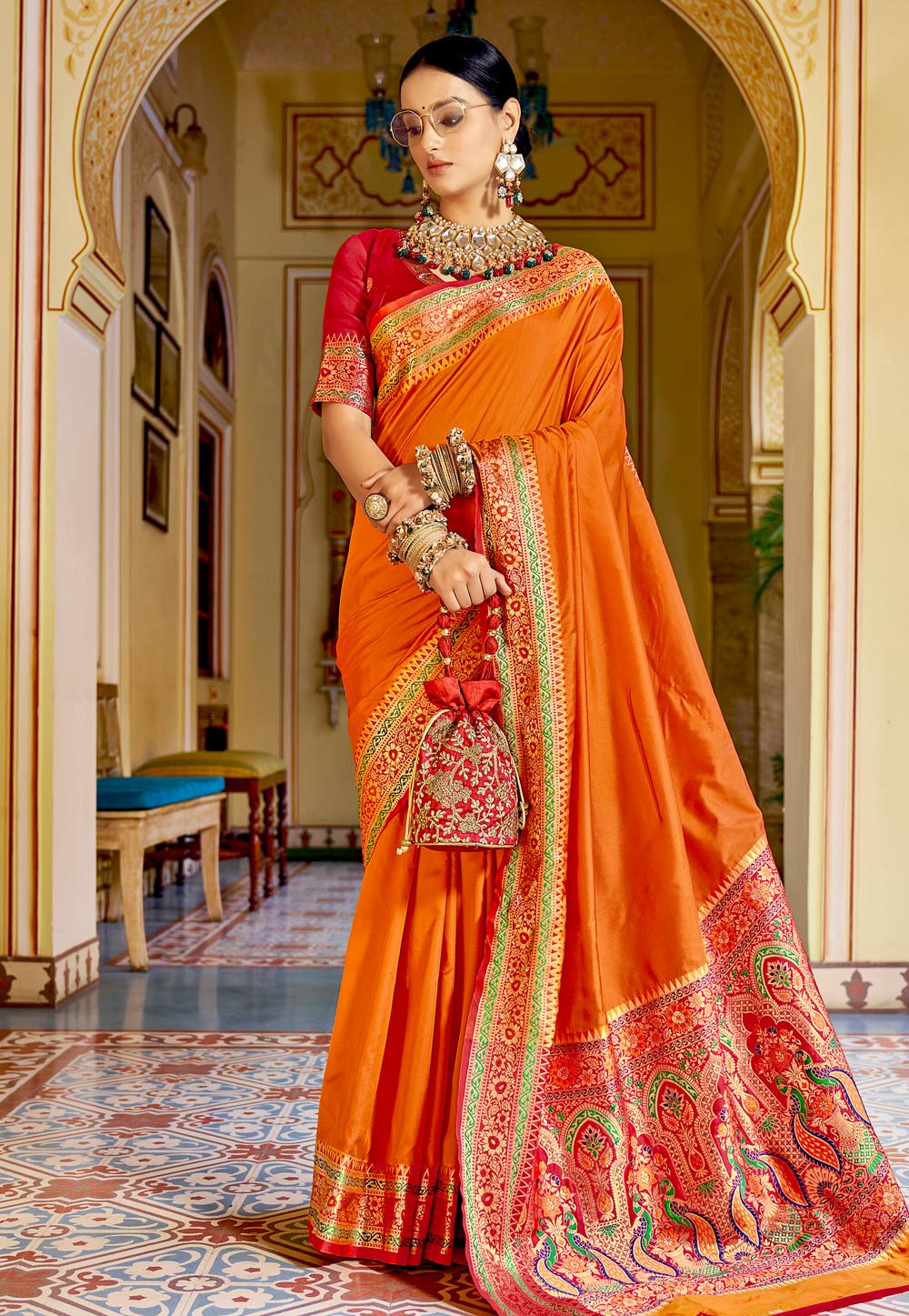 Orange Banarasi Silk Saree With Blouse 242229