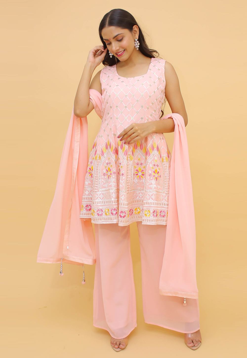 Pink Georgette Readymade Palazzo Suit 242599