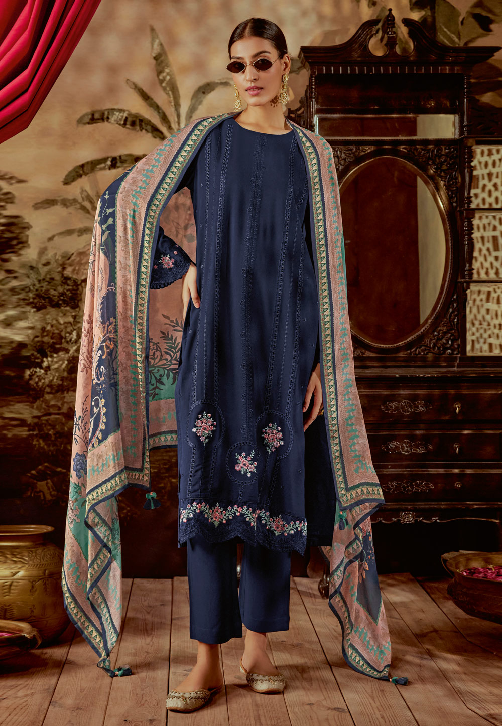 Navy Blue Silk Pakistani Suit 278021