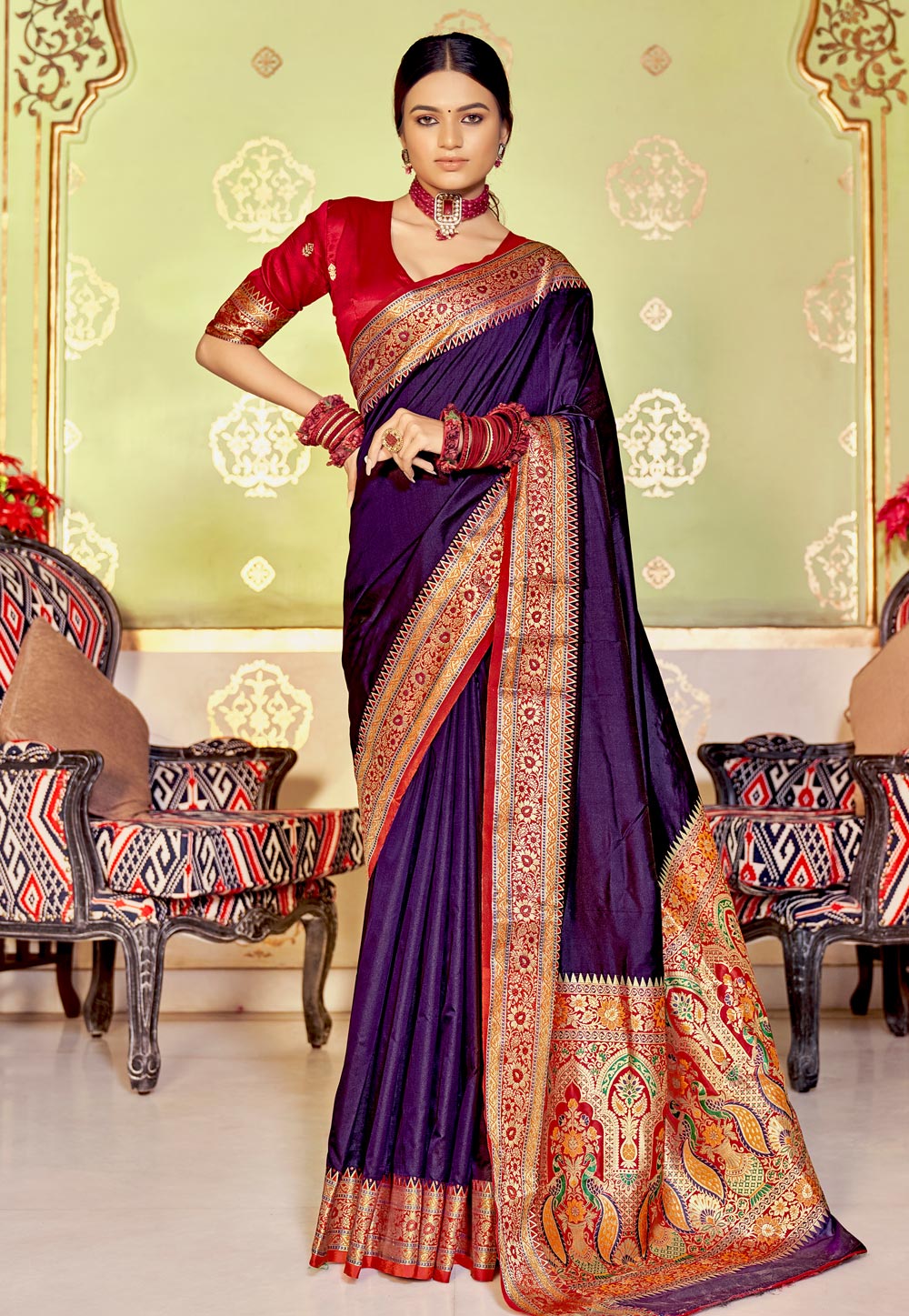 Purple Banarasi Silk Saree With Blouse 242231