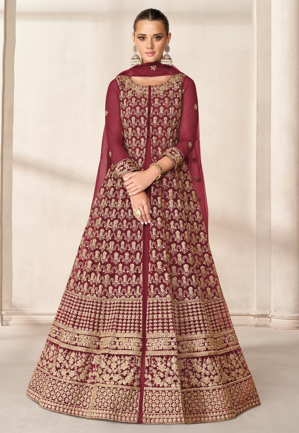 Maroon Net Embroidered Long  Anarkali Suit 245134
