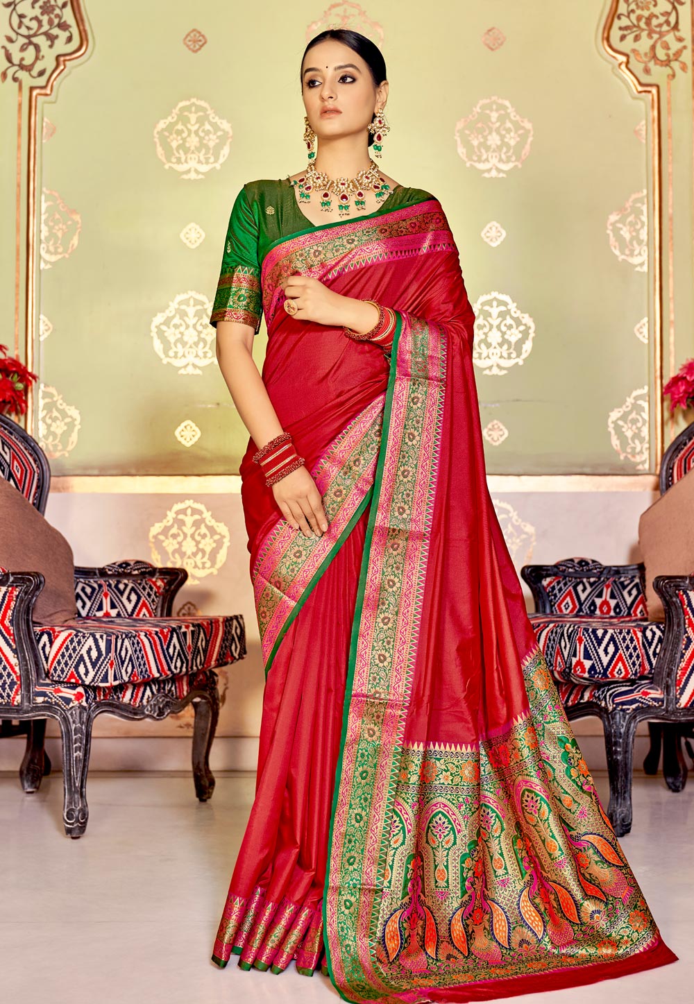 Red Banarasi Silk Festival Wear Saree 242232