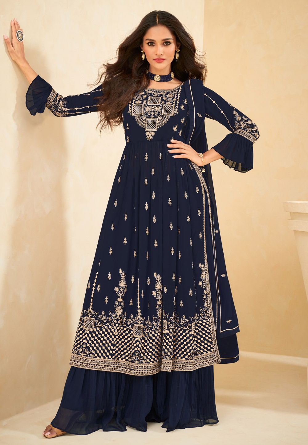 Navy Blue Georgette Embroidered Palazzo Suit 245659