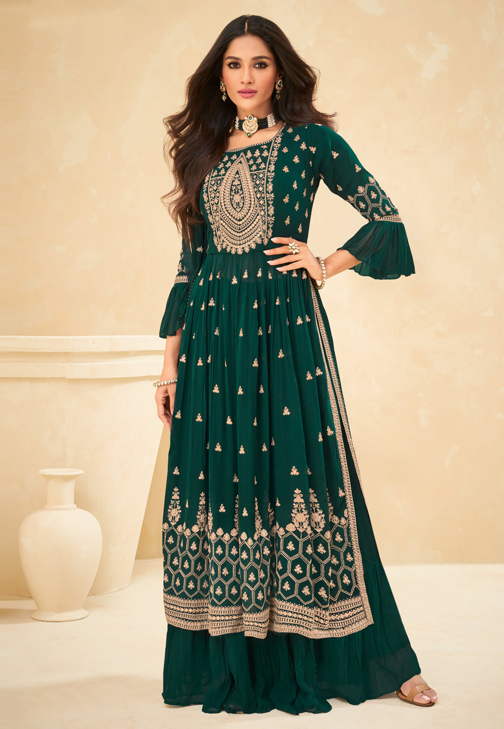 Green Georgette Embroidered Kameez With Palazzo 245660