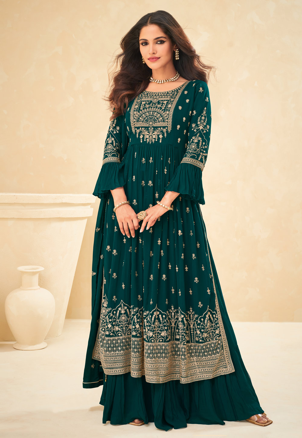 Teal Georgette Embroidered Palazzo Suit 245661