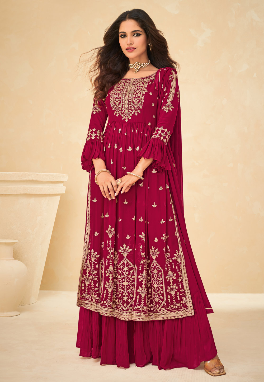 Magenta Georgette Embroidered Kameez With Palazzo 245662