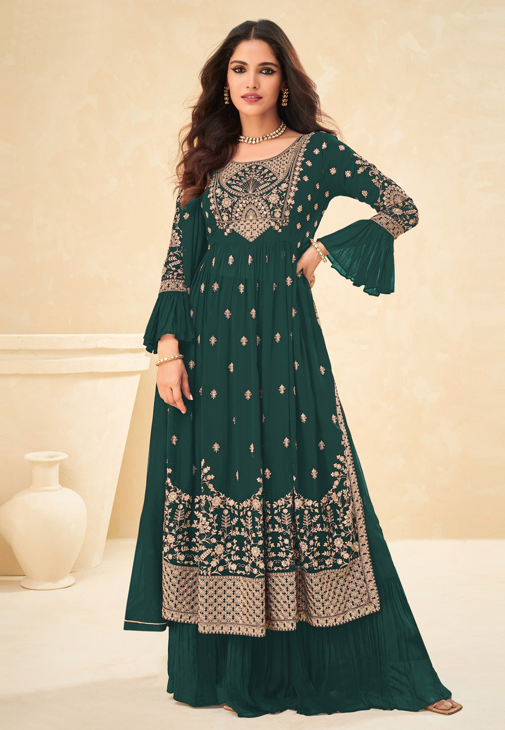 Green Faux Georgette Embroidered Palazzo Suit 248345