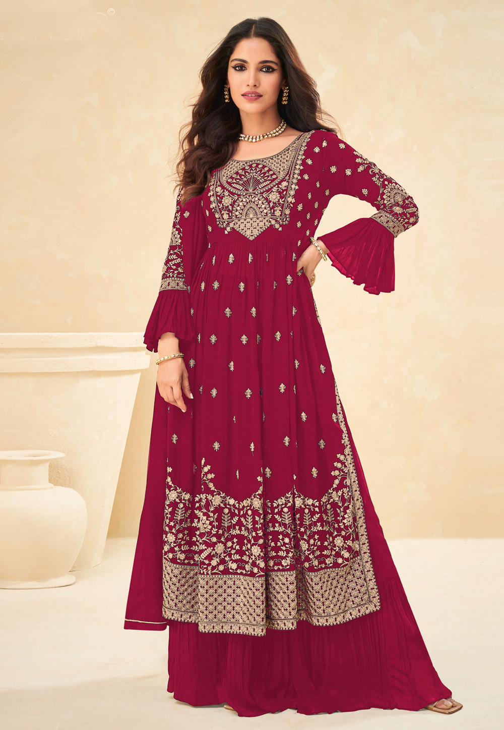 Magenta Faux Georgette Embroidered Palazzo Suit 248347