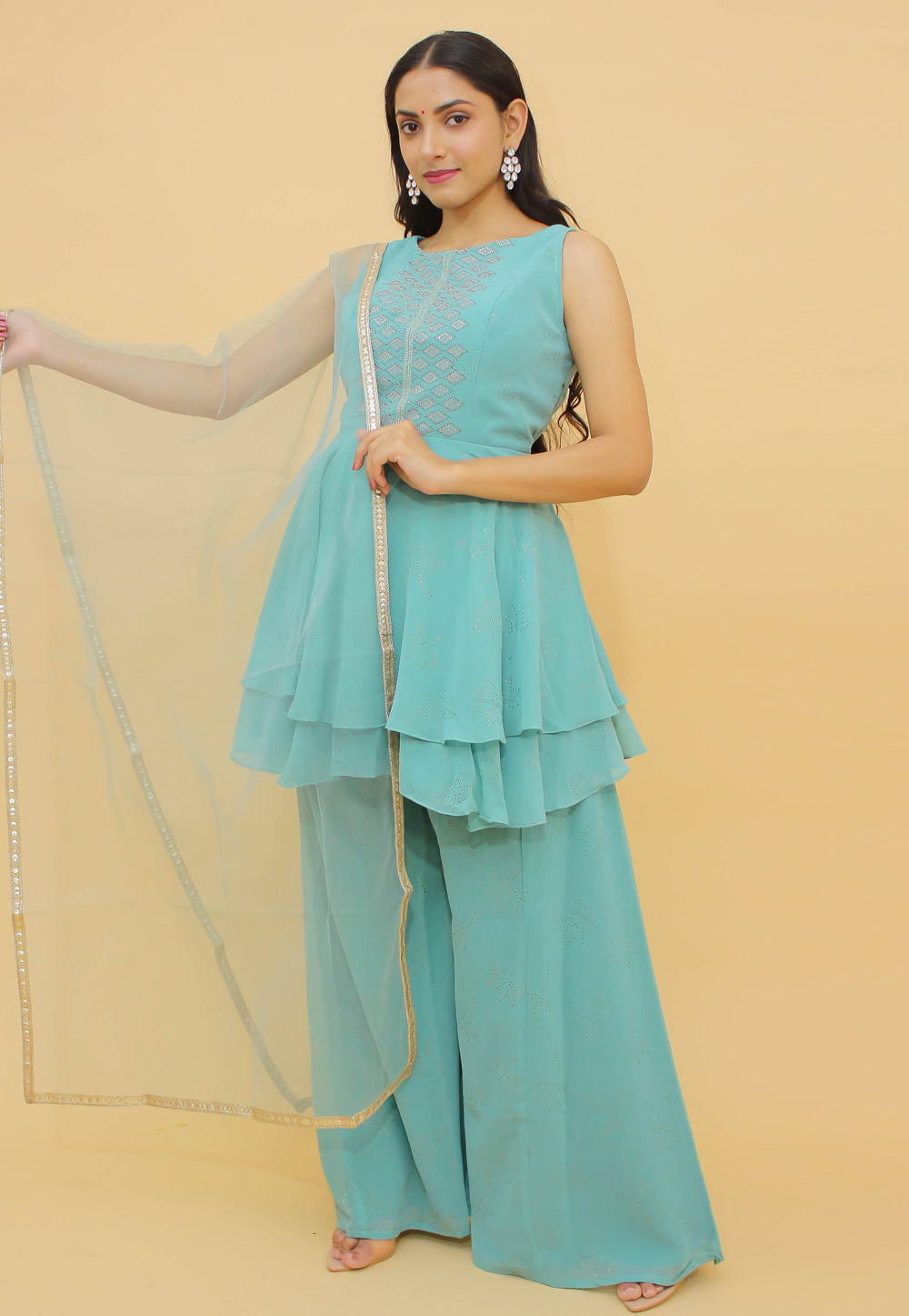 Sky Blue Georgette Readymade Palazzo Suit 242606