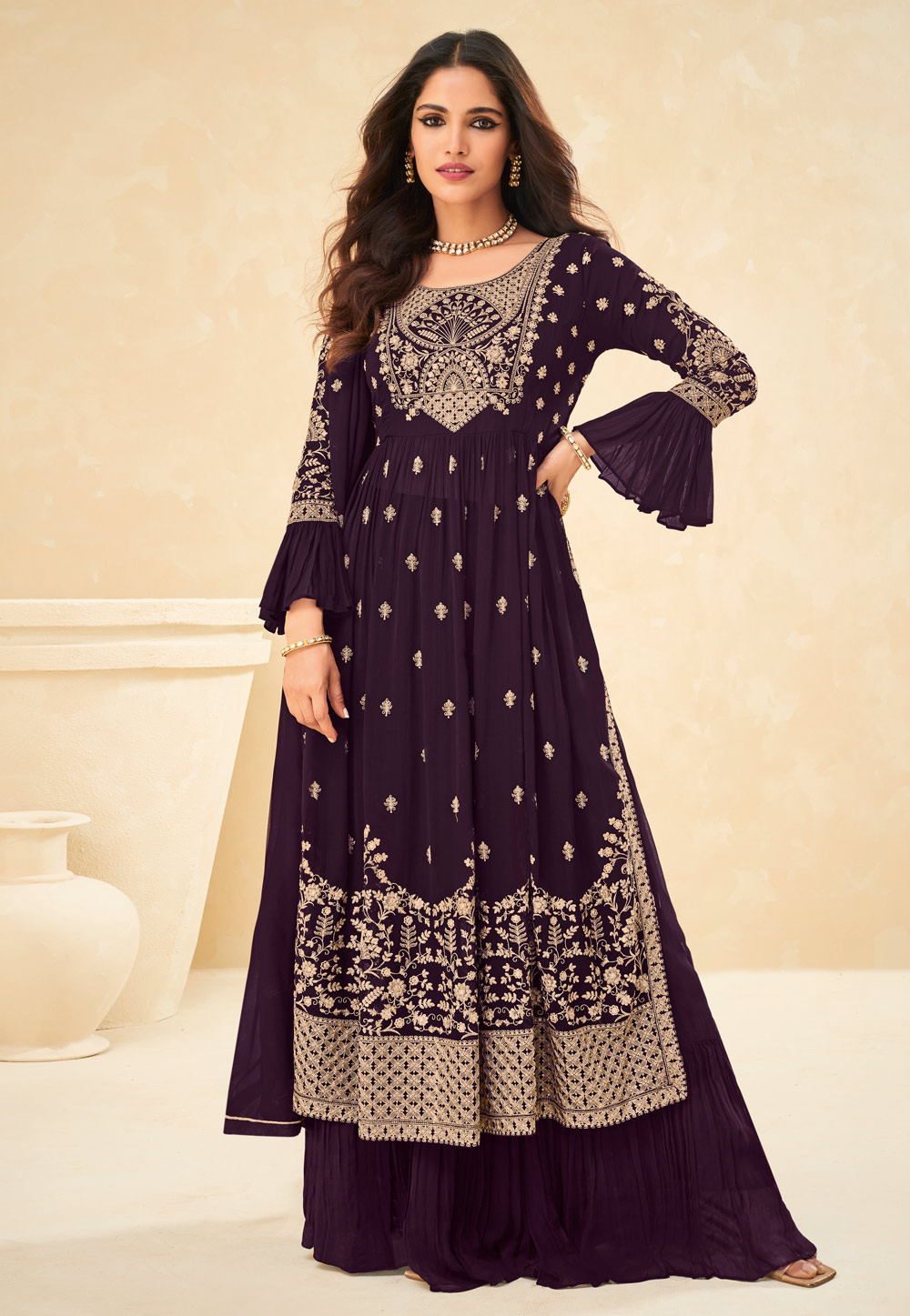 Purple Georgette Embroidered Palazzo Suit 245663
