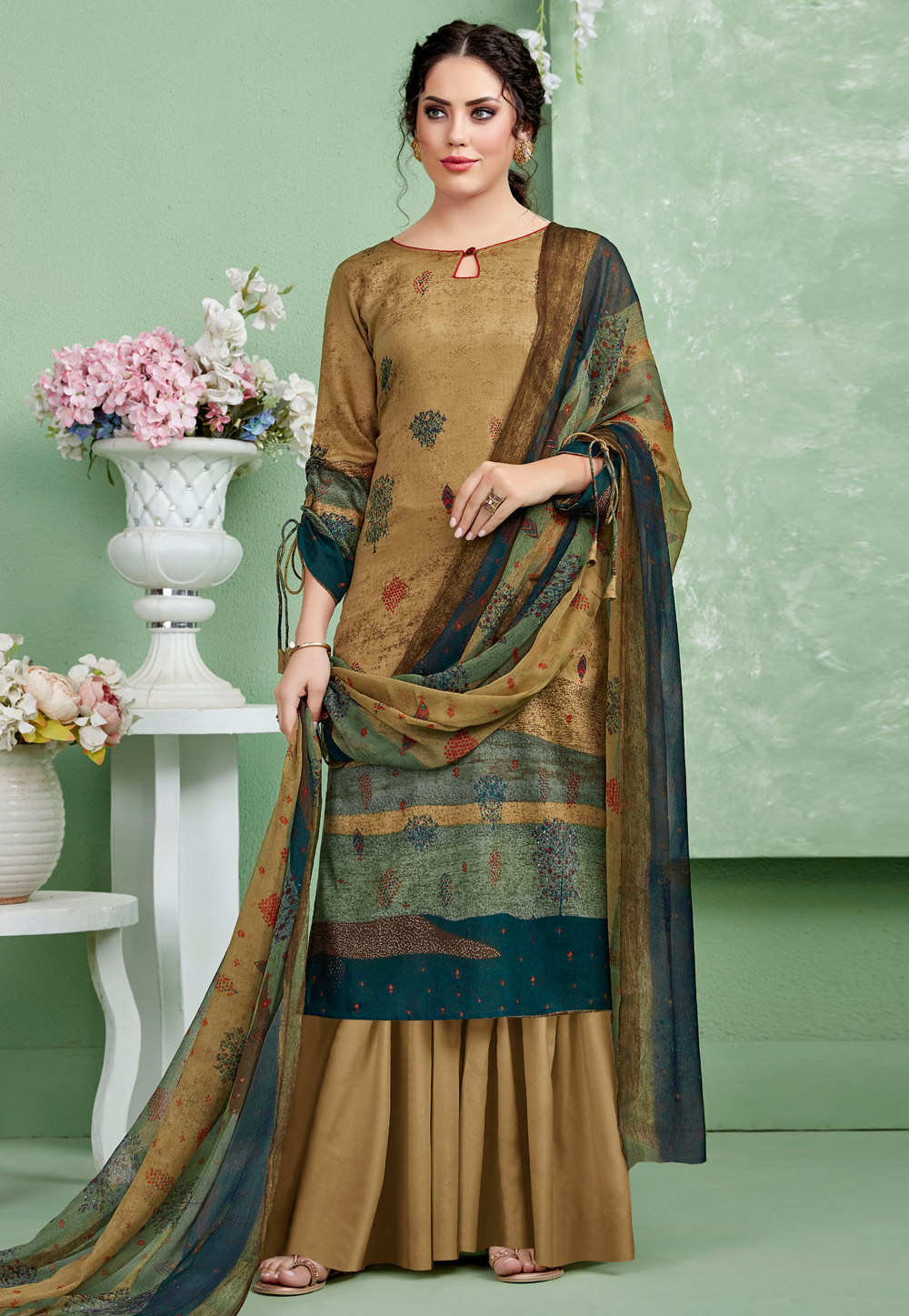 Light Brown Cotton Printed Kameez With Palazzo 199037